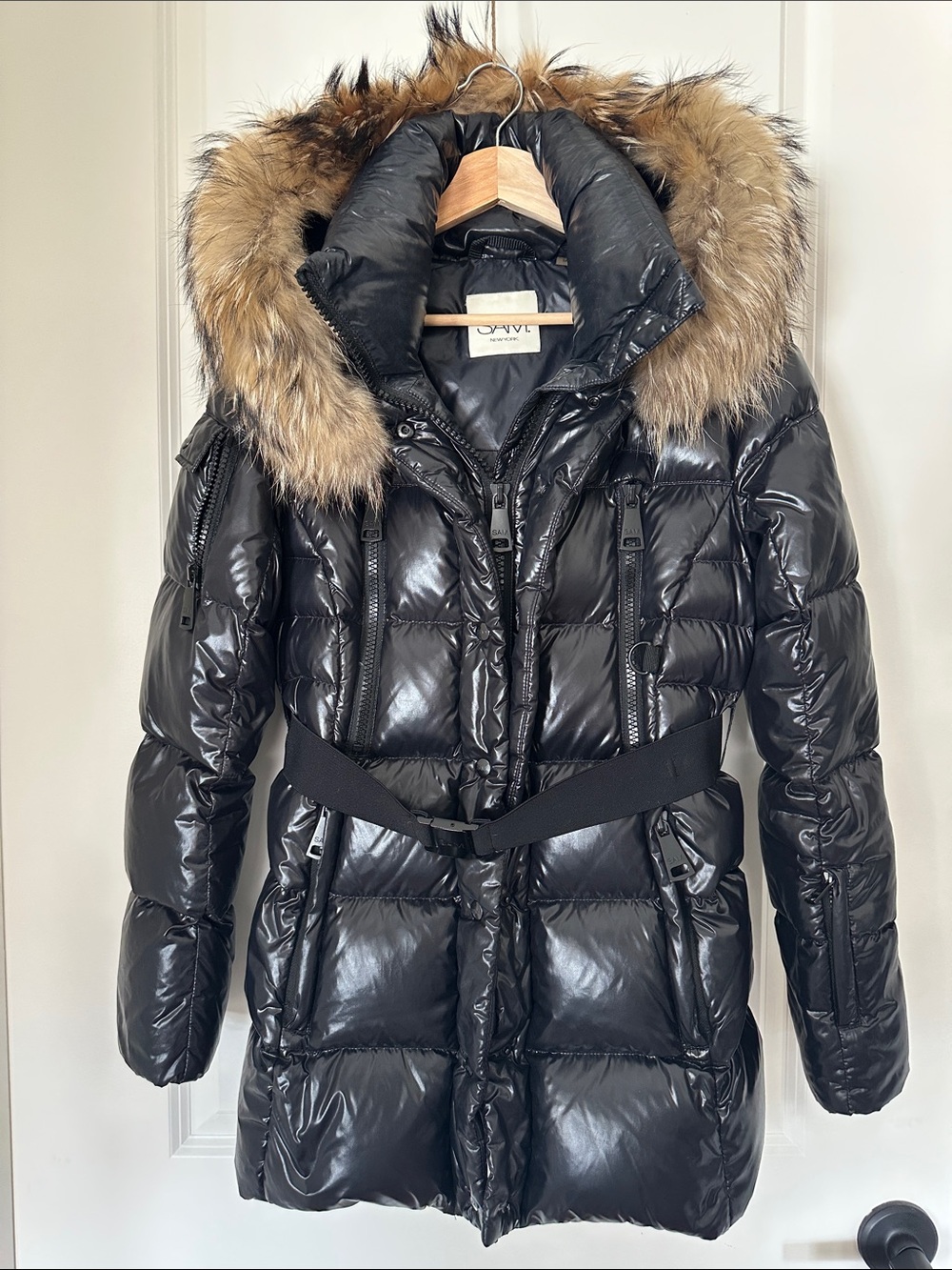 SAM New York Fox Fur-Trim Belted Down Puffer Jacket (Mid-length)